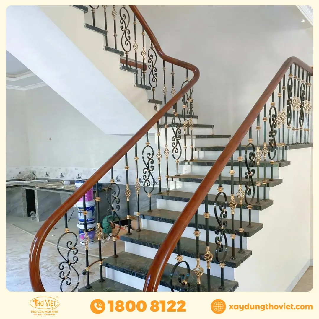 Mẫu cầu thang sắt ốp đá 06