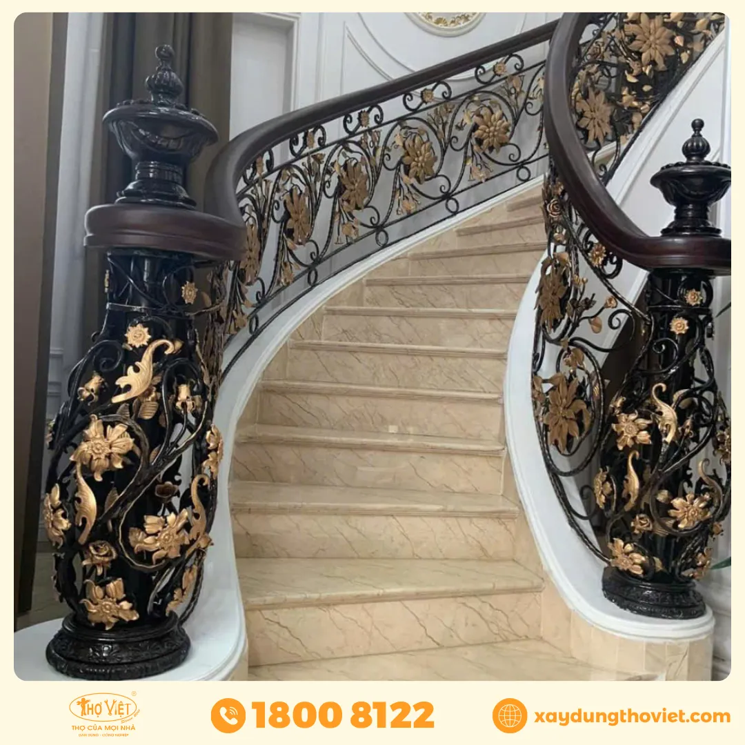 Mẫu cầu thang sắt ốp đá 10